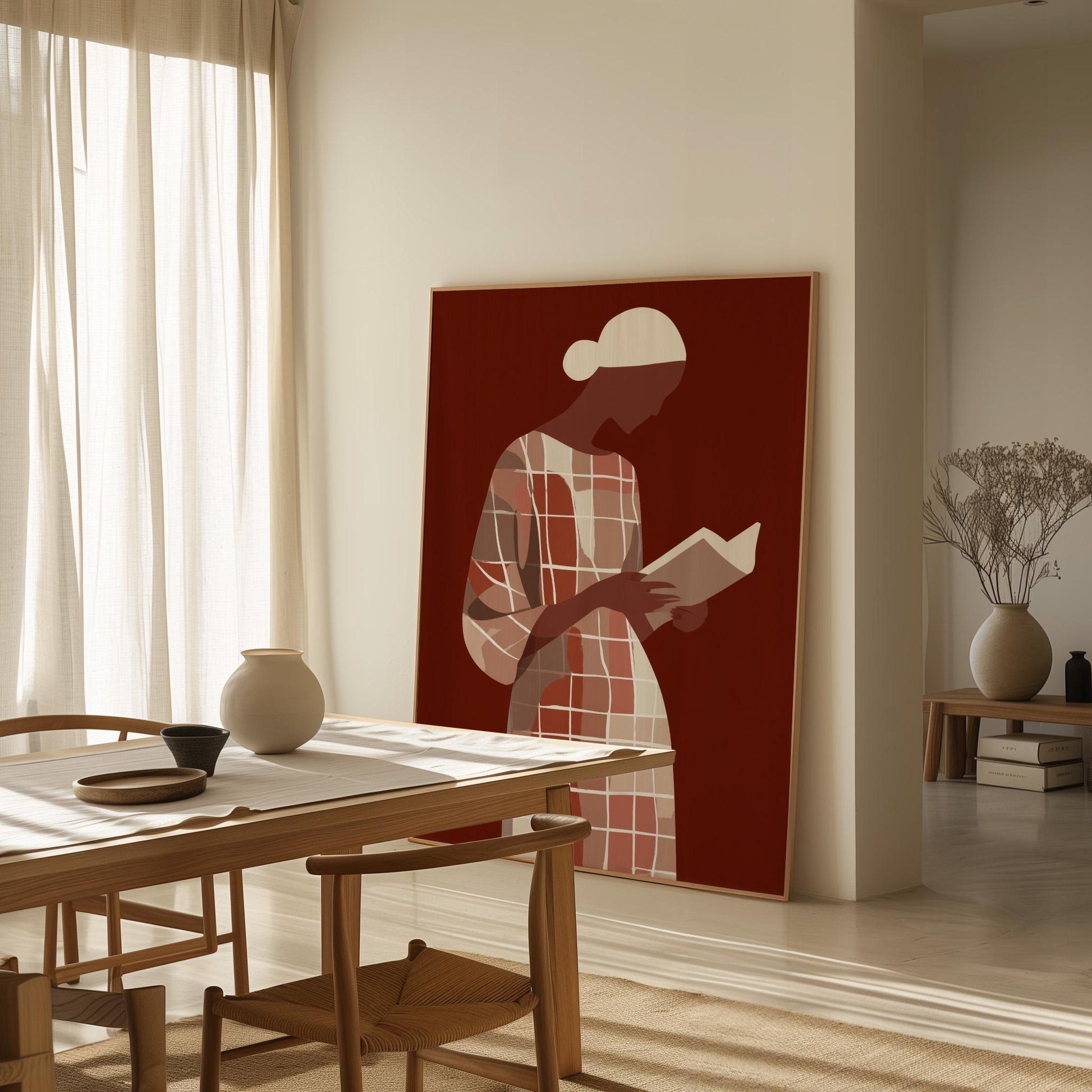 Figurative Canvas Wall Art Woman Reading Book in Checked Dress on Red Background Framed Painting