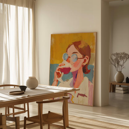 Figurative Canvas Wall Art Woman with Sunglasses Drinking Wine Colorful Abstract Framed Painting