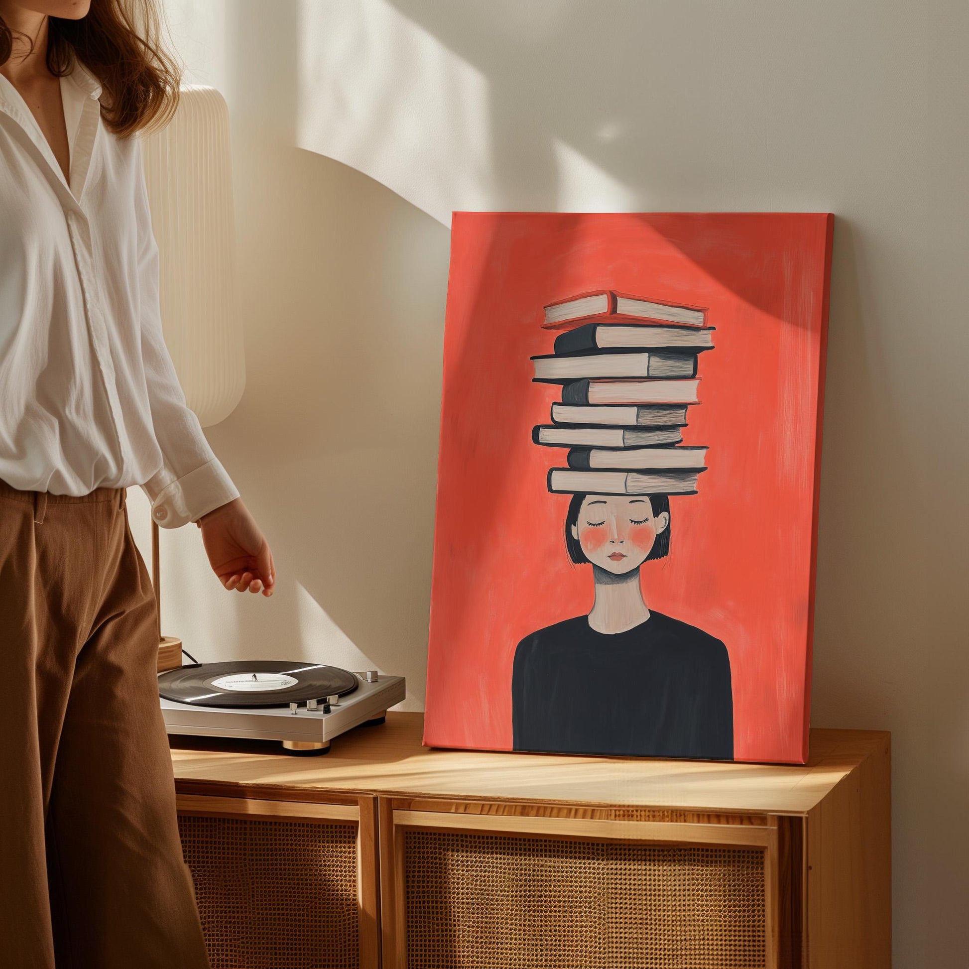Figurative Canvas Wall Art Woman with Stack of Books on Head Red Background Framed Painting