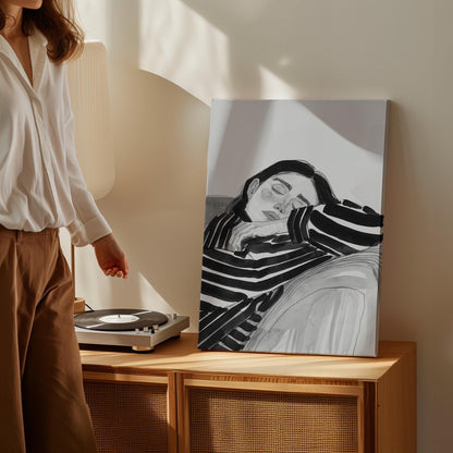 Figurative Canvas Wall Art Woman Resting in Black and White Striped Shirt Modern Framed Painting
