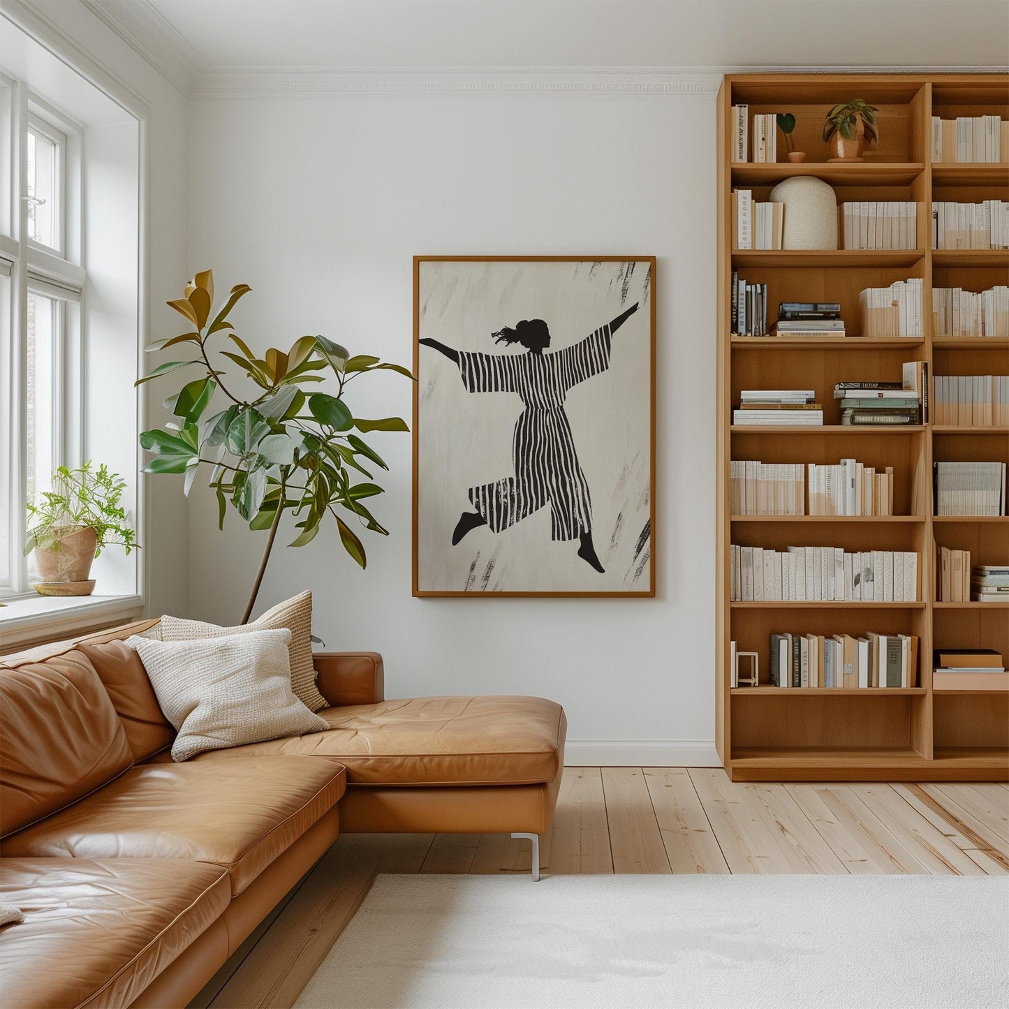 Figurative Canvas Wall Art Woman Jumping in Black and White Striped Outfit Modern Framed Painting