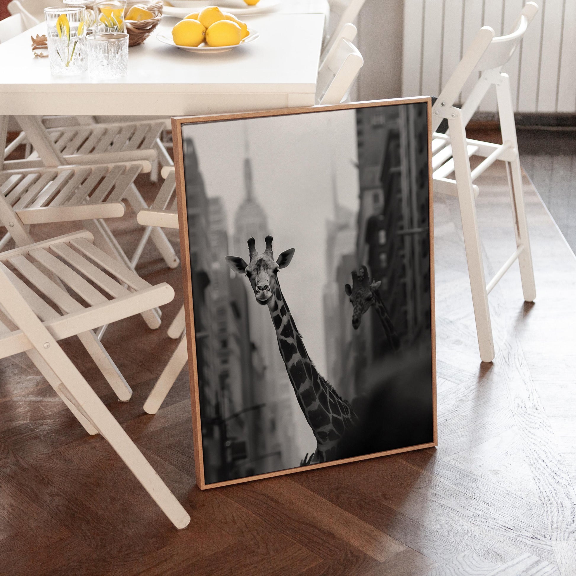 Black and White Canvas Wall Art Giraffe in City Street with Empire State Building Framed Print