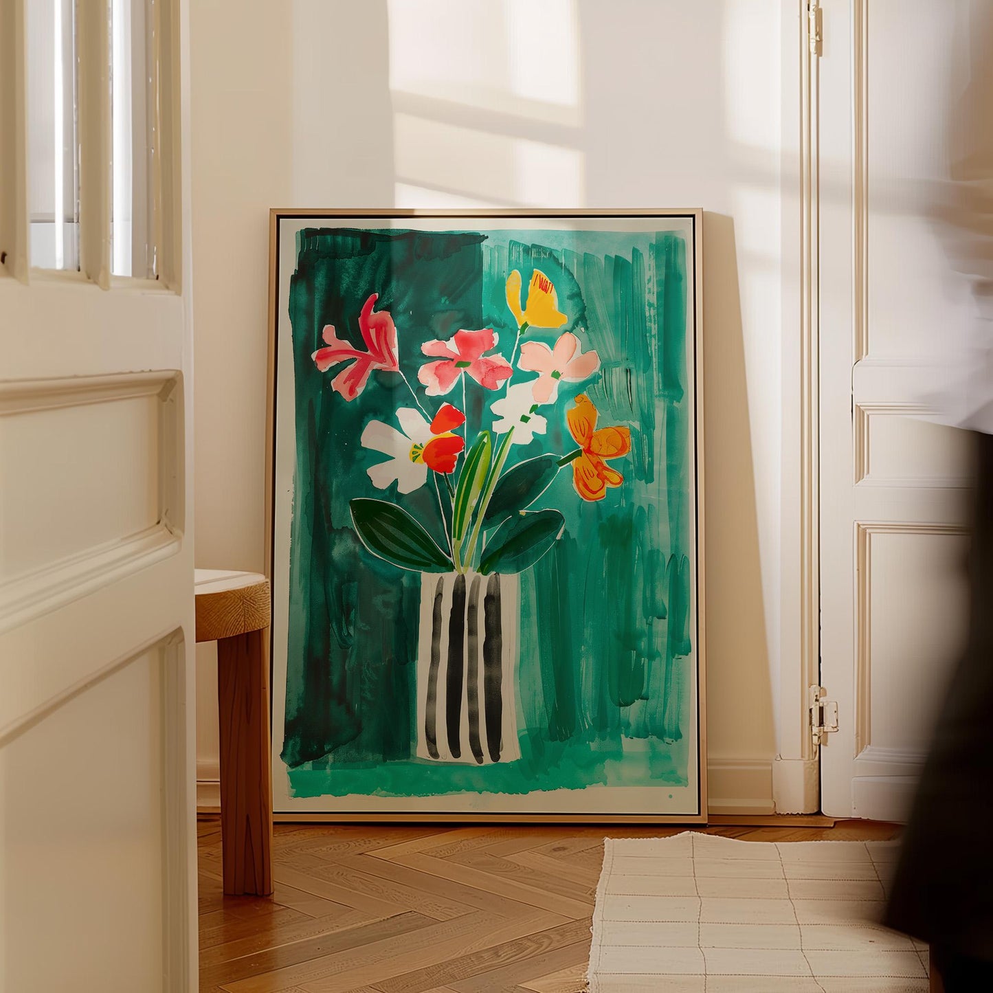 Floral Canvas Wall Art Colorful Bouquet of Flowers in Striped Vase on Green Background Framed Print