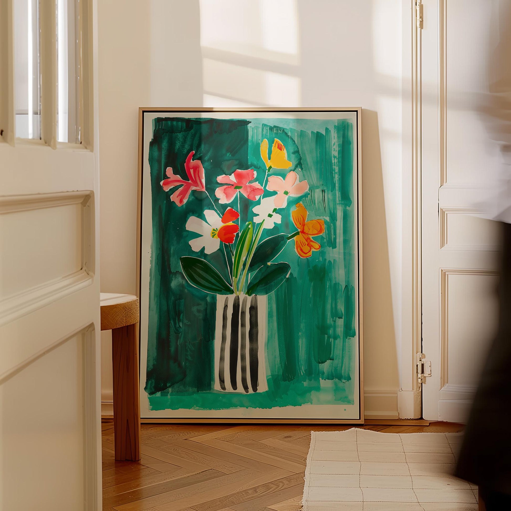 Floral Canvas Wall Art Colorful Bouquet of Flowers in Striped Vase on Green Background Framed Print