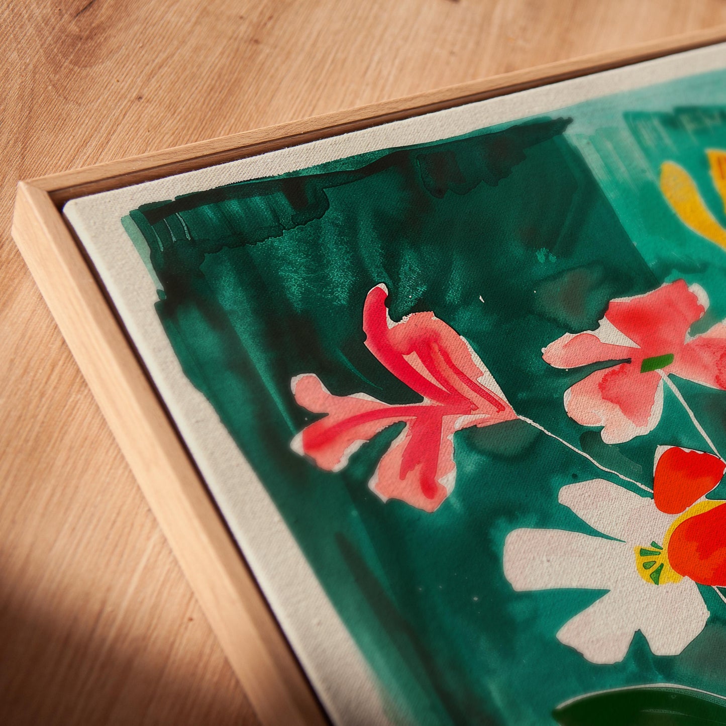 Floral Canvas Wall Art Colorful Bouquet of Flowers in Striped Vase on Green Background Framed Print