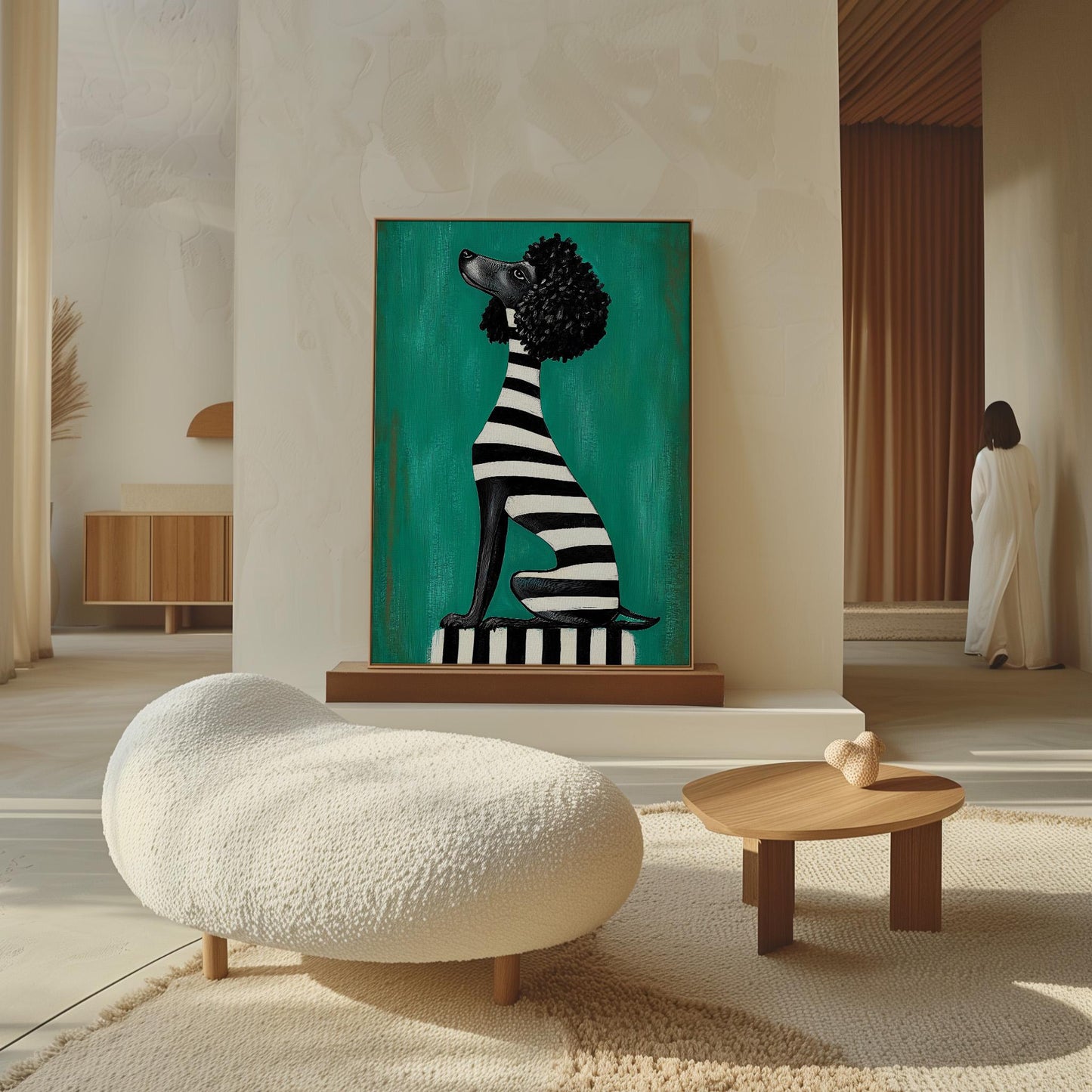 Animal Canvas Wall Art Black Poodle Dog in Striped Outfit on Green Background Framed Painting