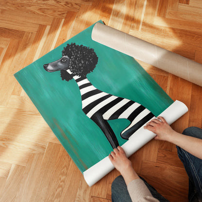 Animal Canvas Wall Art Black Poodle Dog in Striped Outfit on Green Background Framed Painting