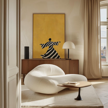 Figurative Canvas Wall Art Woman Dancing in Black and White Striped Dress on Yellow Background Frame