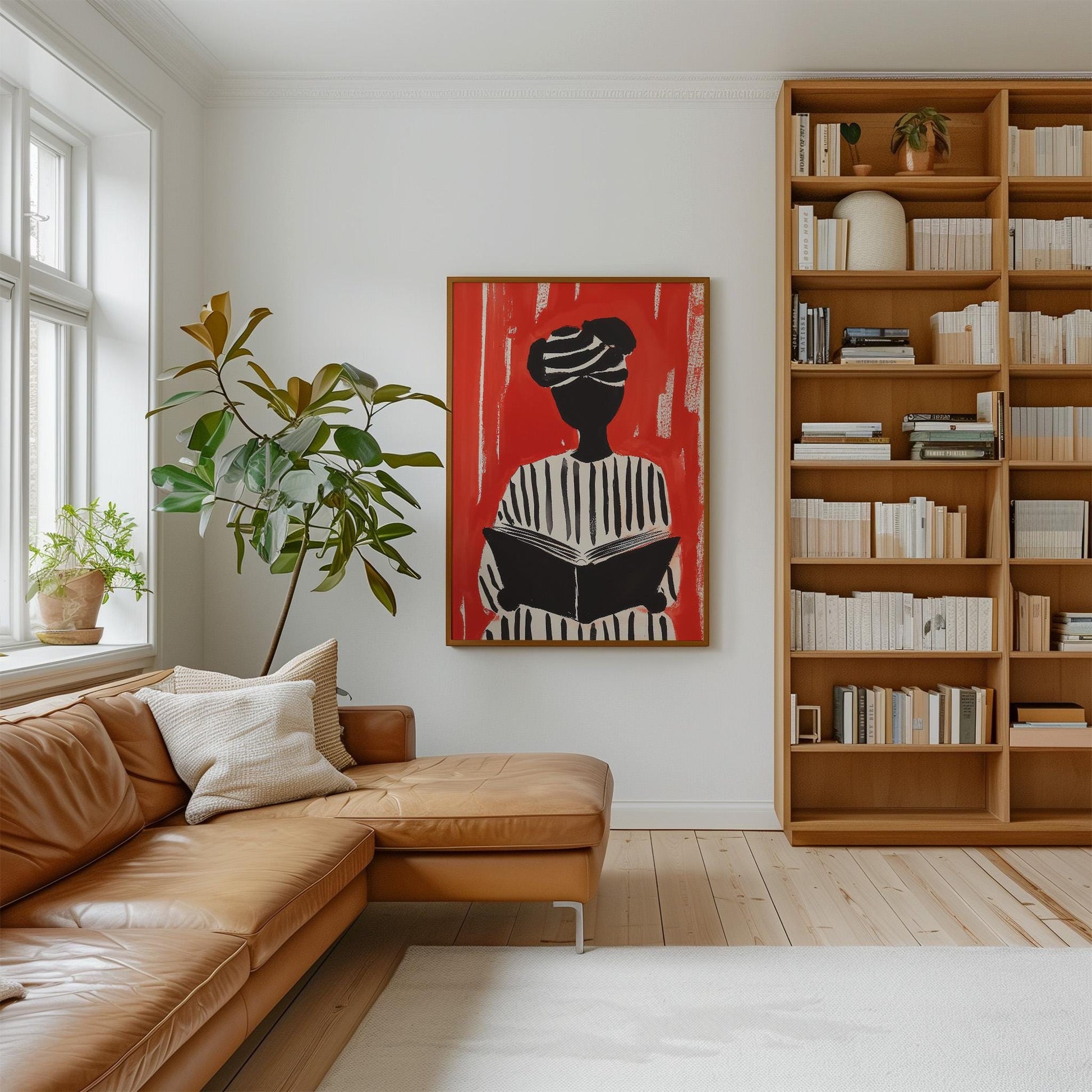 Figurative Canvas Wall Art Woman Reading in Black and White Striped Outfit on Red Background Frame