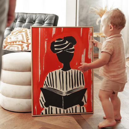 Figurative Canvas Wall Art Woman Reading in Black and White Striped Outfit on Red Background Frame