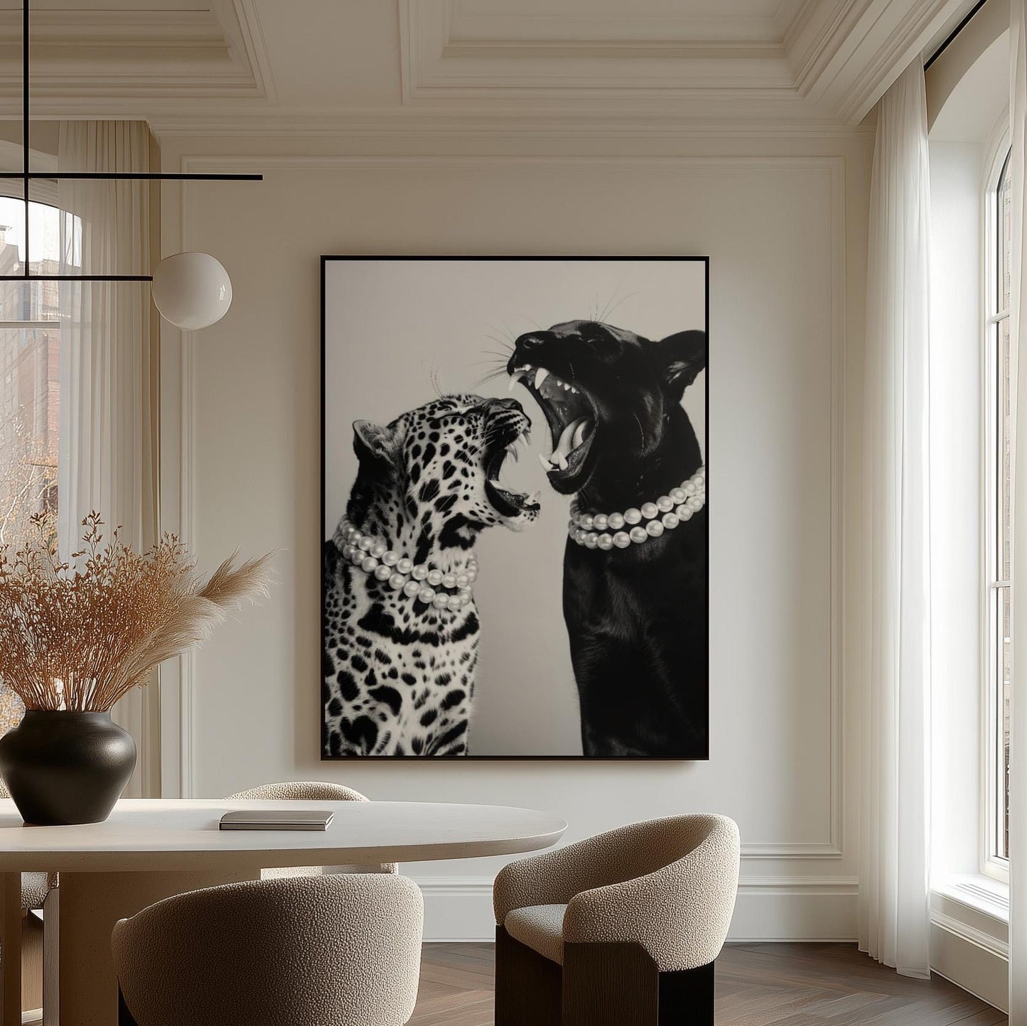 Animal Canvas Wall Art Leopard and Black Panther with Pearl Necklaces Black and White Framed Print