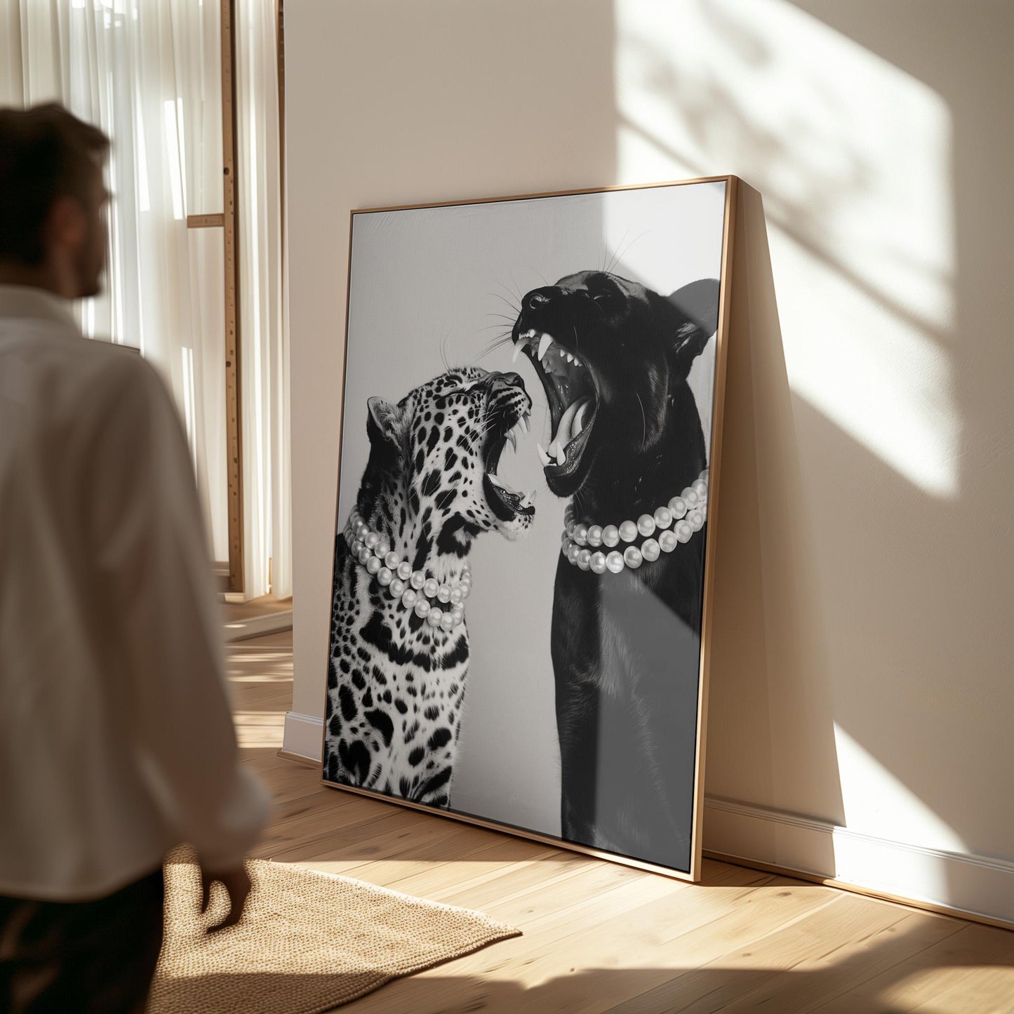 Animal Canvas Wall Art Leopard and Black Panther with Pearl Necklaces Black and White Framed Print