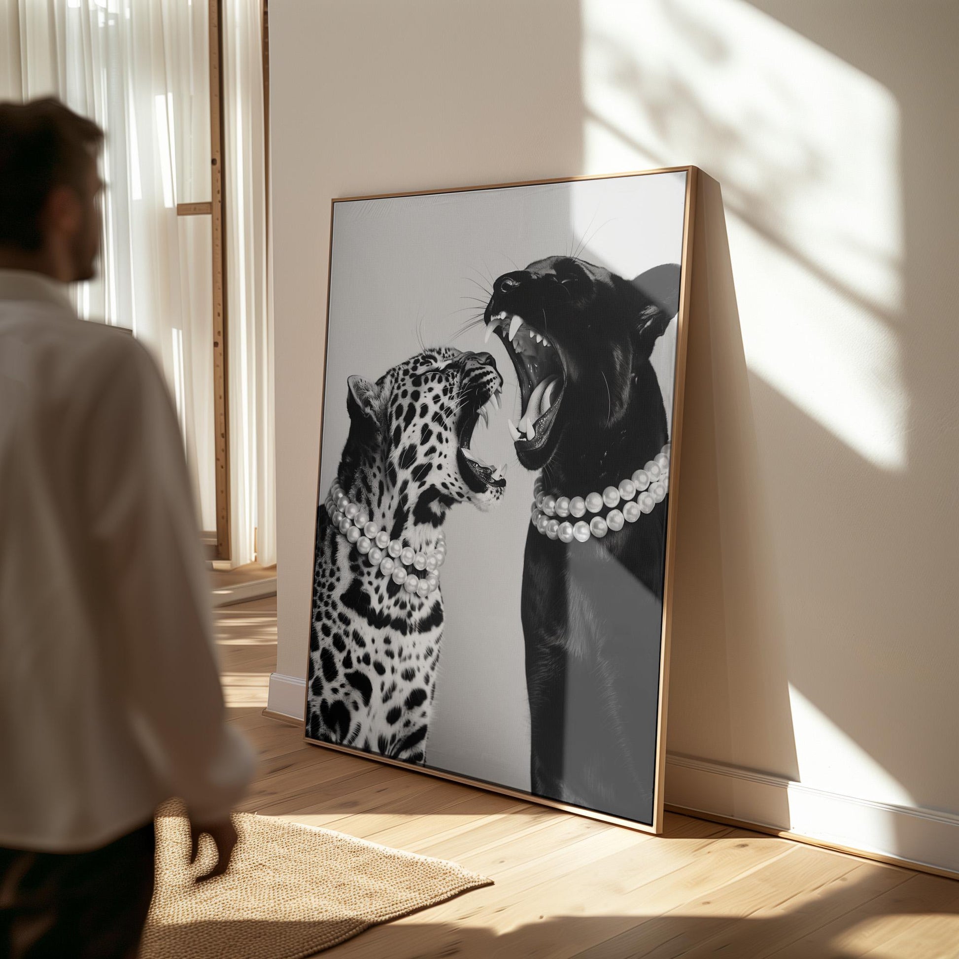 Animal Canvas Wall Art Leopard and Black Panther with Pearl Necklaces Black and White Framed Print