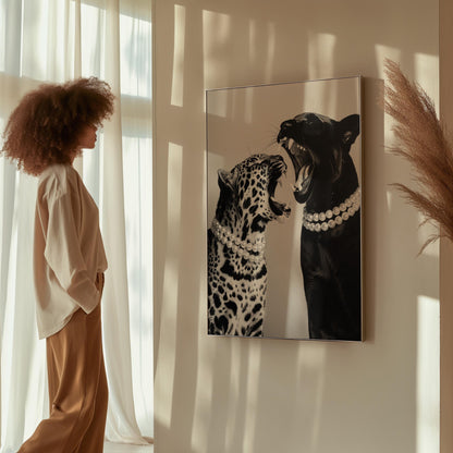 Animal Canvas Wall Art Leopard and Black Panther with Pearl Necklaces Black and White Framed Print