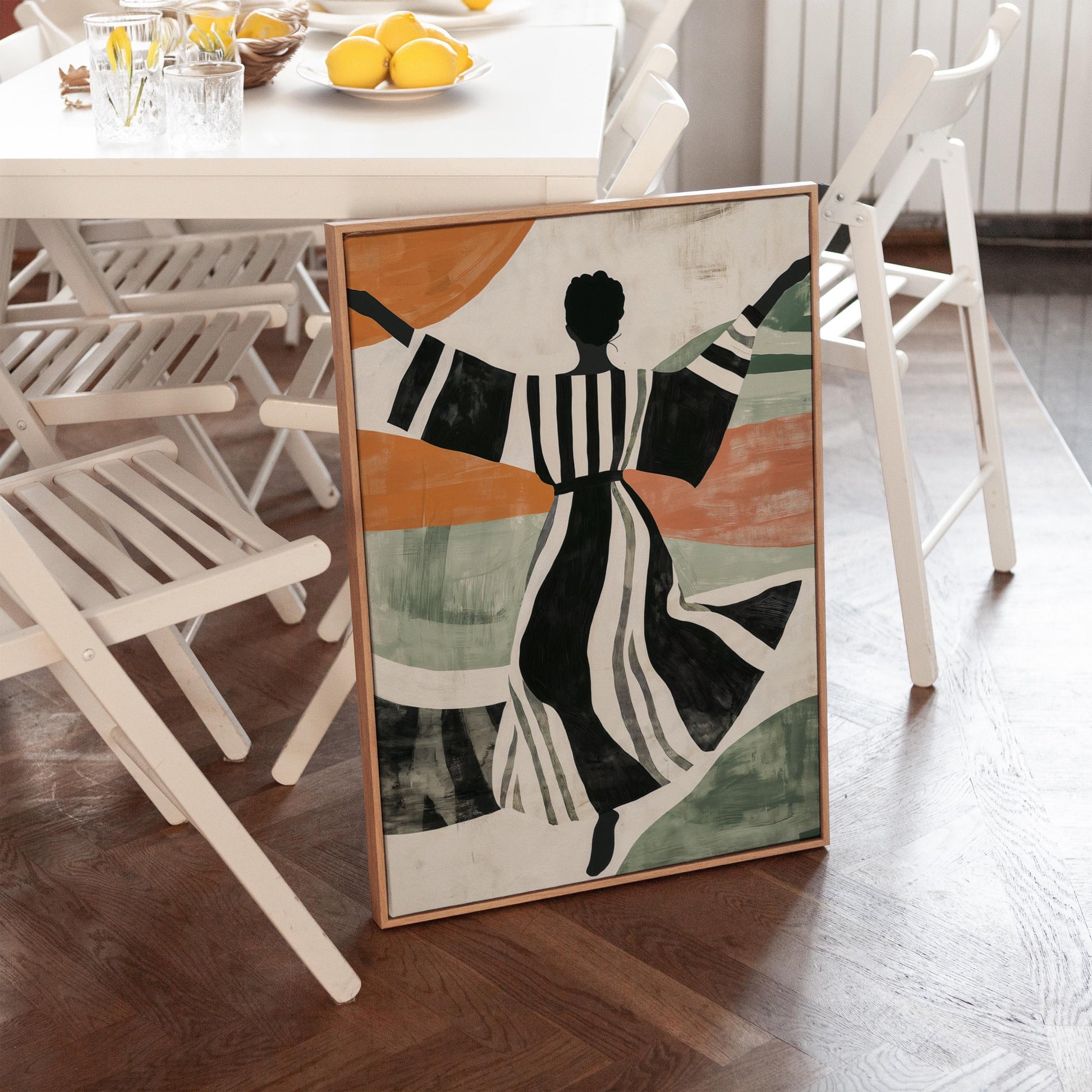 Figurative Canvas Wall Art Woman Dancing in Black and White Striped Dress with Abstract Background Frame