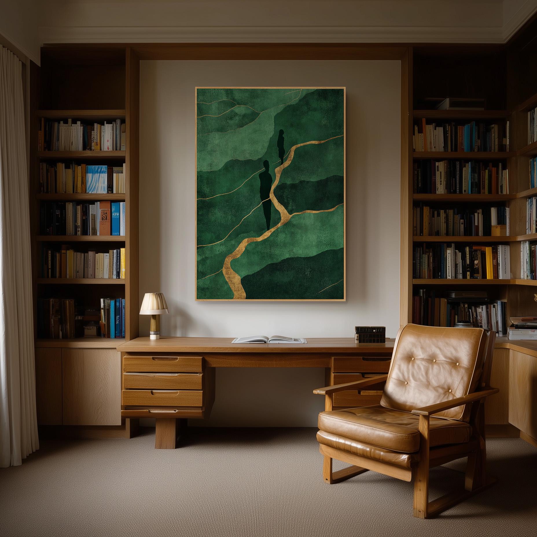 Emerald Green and Gold Canvas Wall Art with Silhouette Figures, Large Framed Painting for Living Room or Office Wall Decor