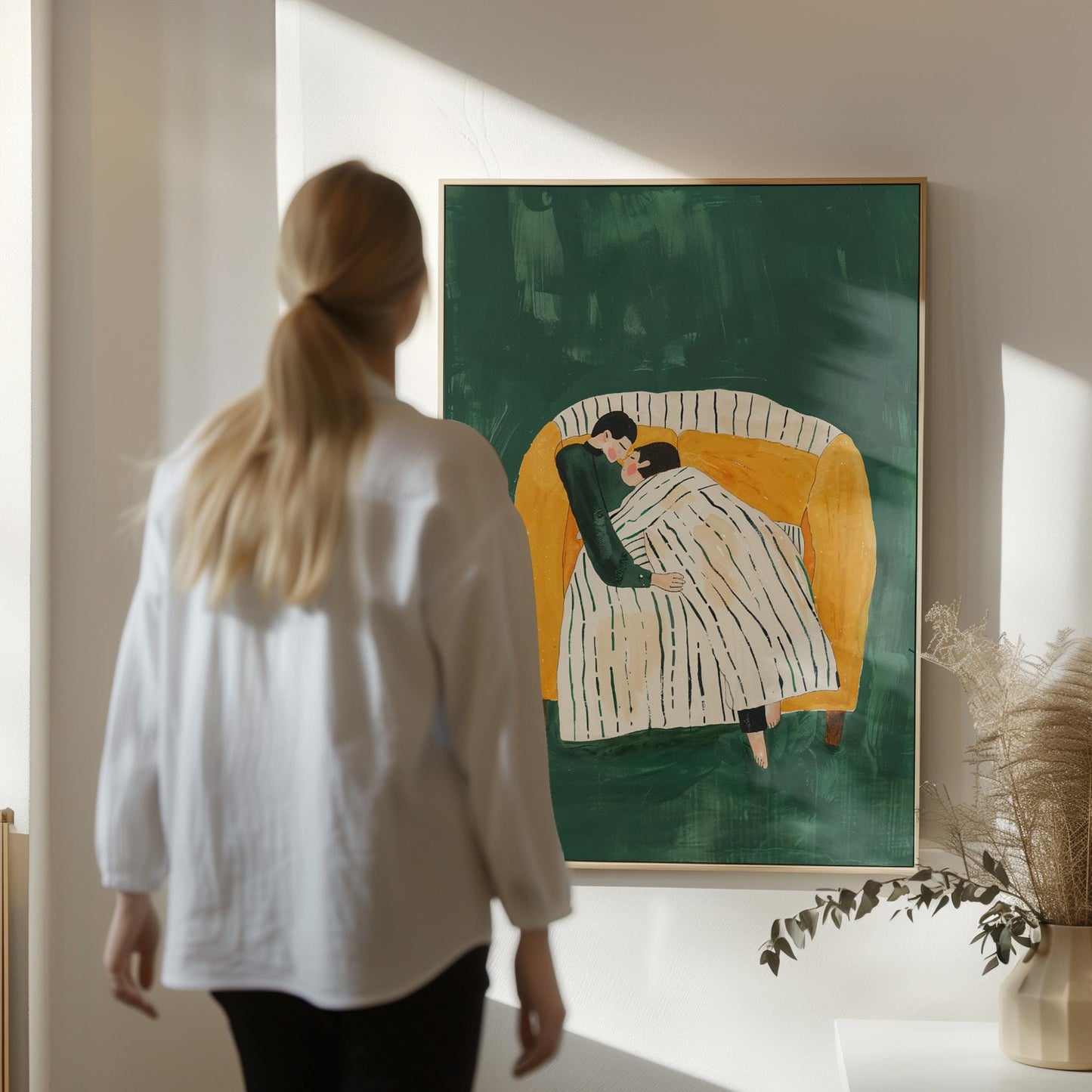 Figurative Canvas Wall Art Couple Embracing on Sofa with Striped Blanket Green Background Frame