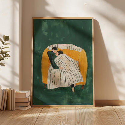 Figurative Canvas Wall Art Couple Embracing on Sofa with Striped Blanket Green Background Frame