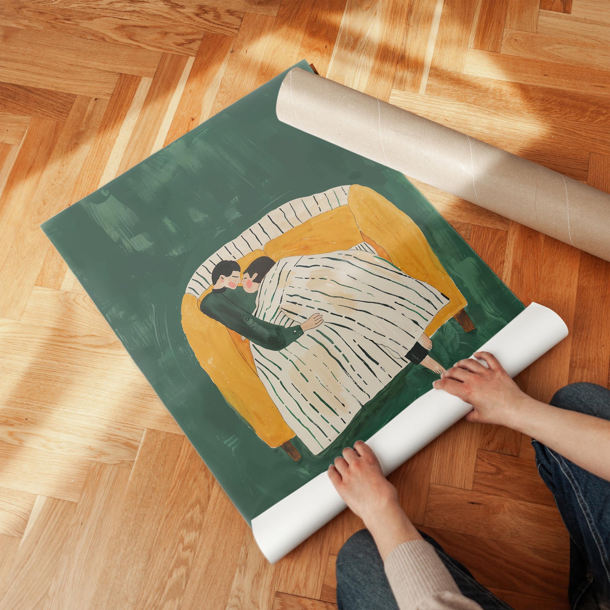 Figurative Canvas Wall Art Couple Embracing on Sofa with Striped Blanket Green Background Frame