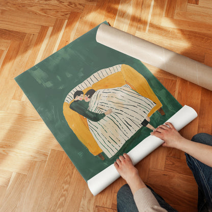 Figurative Canvas Wall Art Couple Embracing on Sofa with Striped Blanket Green Background Frame
