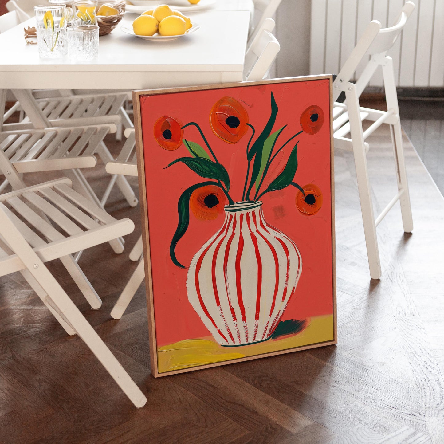 Floral Canvas Wall Art Red Poppies in Striped White Vase on Pink Background Modern Framed Painting