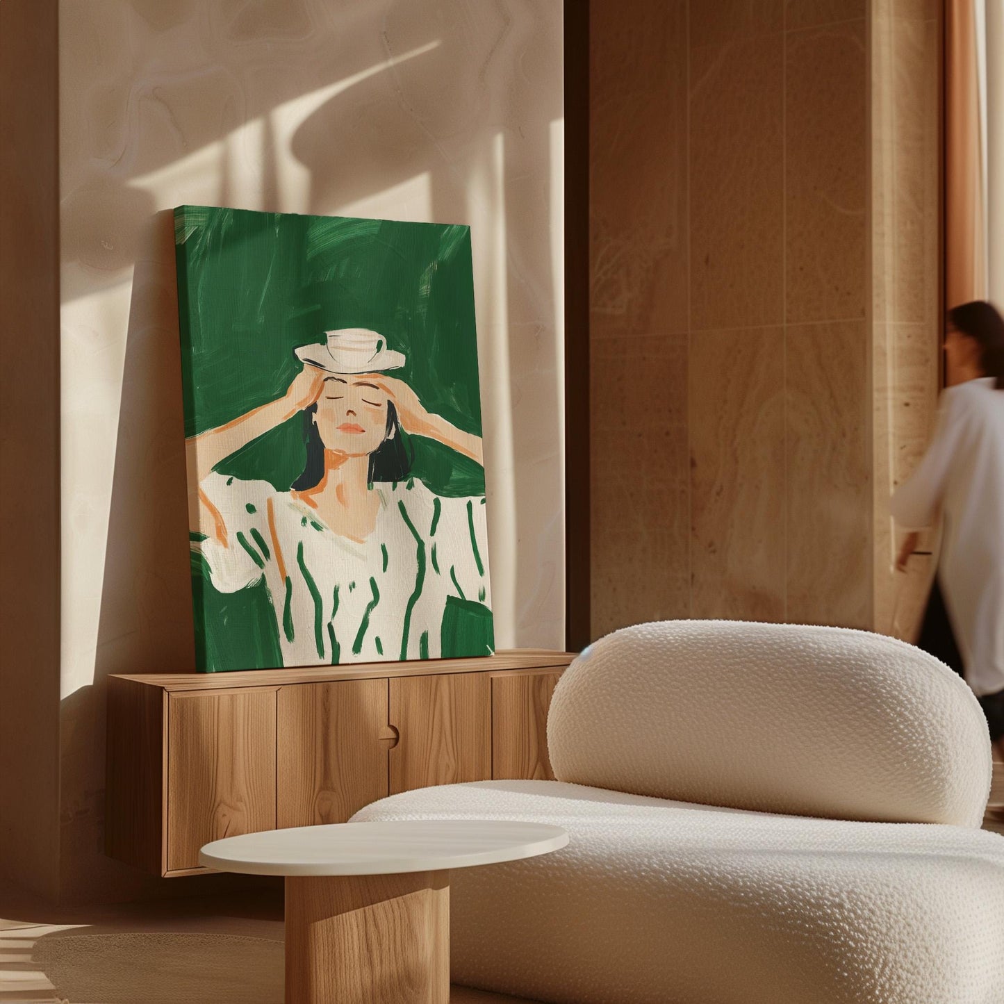 Figurative Canvas Wall Art Woman Balancing Teacup on Head in White and Green Dress Framed Print