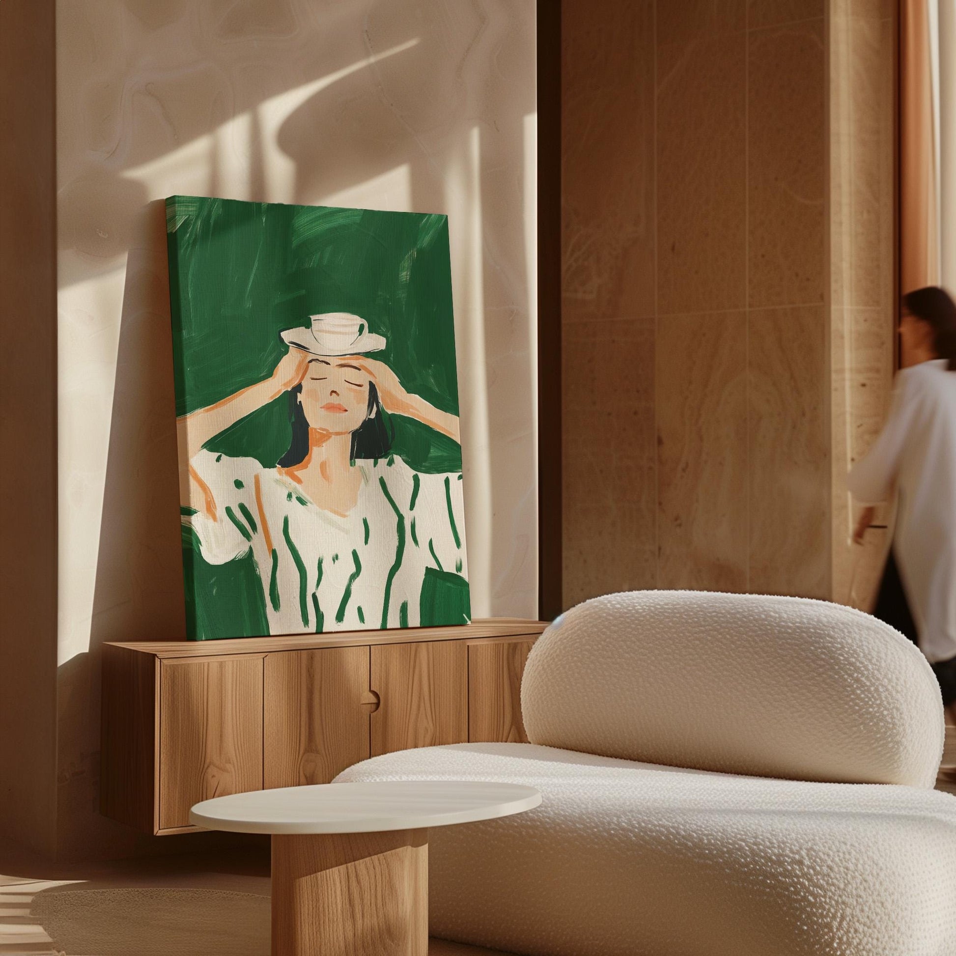 Figurative Canvas Wall Art Woman Balancing Teacup on Head in White and Green Dress Framed Print