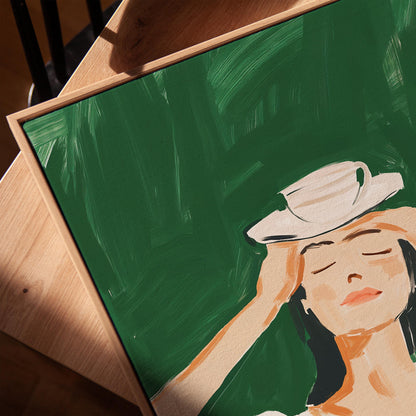 Figurative Canvas Wall Art Woman Balancing Teacup on Head in White and Green Dress Framed Print