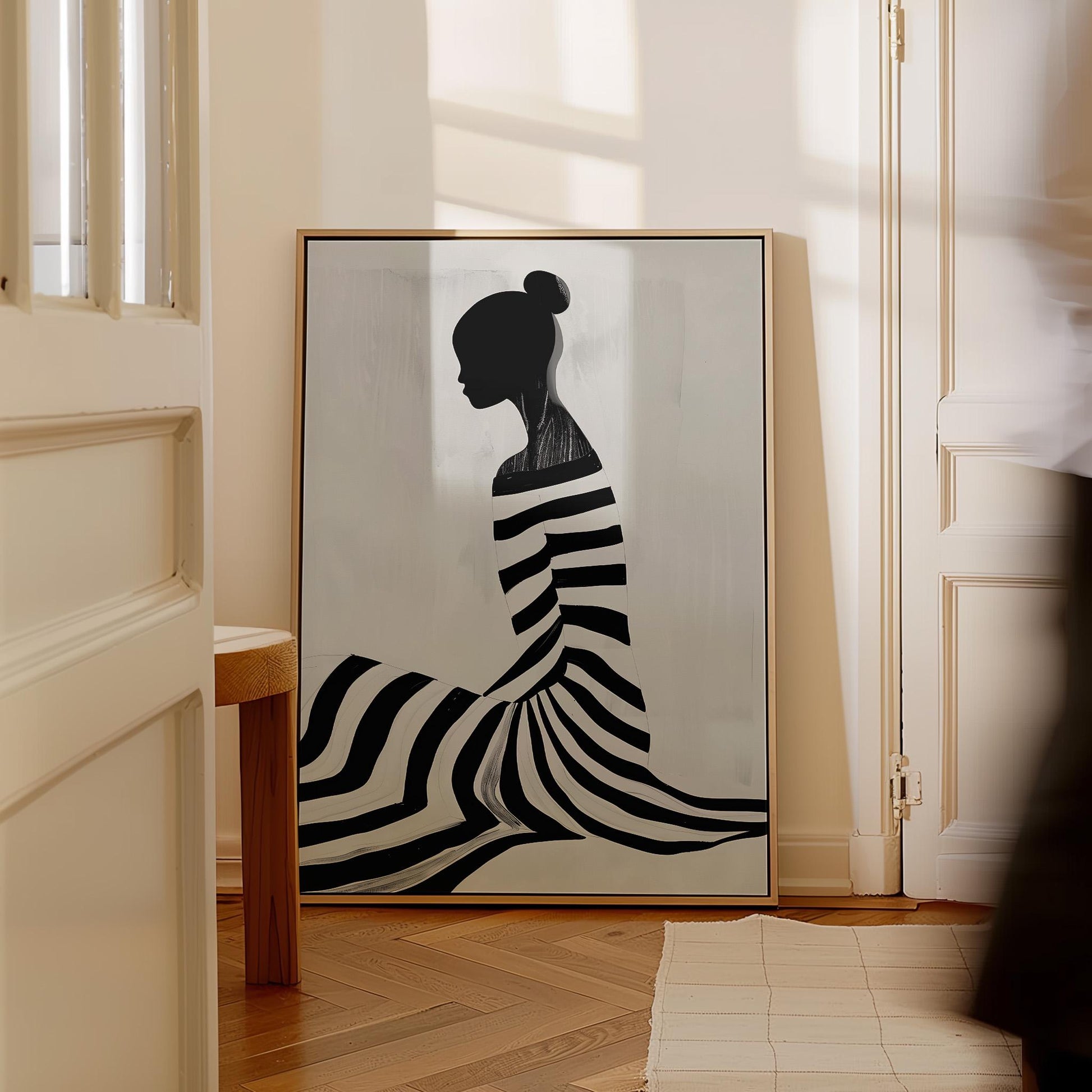 Figurative Canvas Wall Art Woman Sitting in Black and White Striped Dress Modern Framed Painting