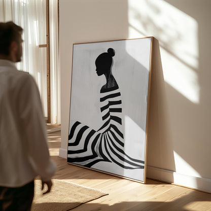Figurative Canvas Wall Art Woman Sitting in Black and White Striped Dress Modern Framed Painting