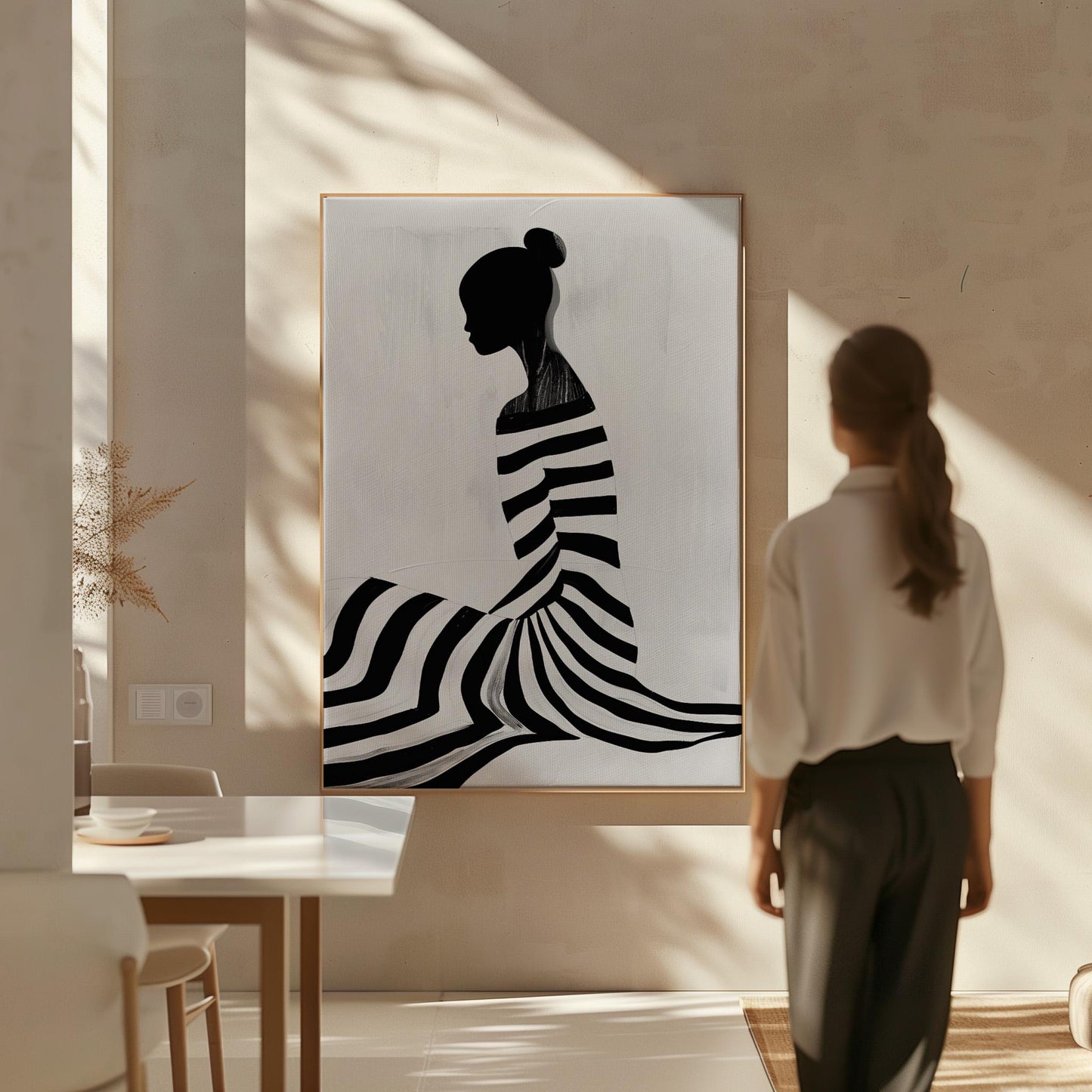 Figurative Canvas Wall Art Woman Sitting in Black and White Striped Dress Modern Framed Painting