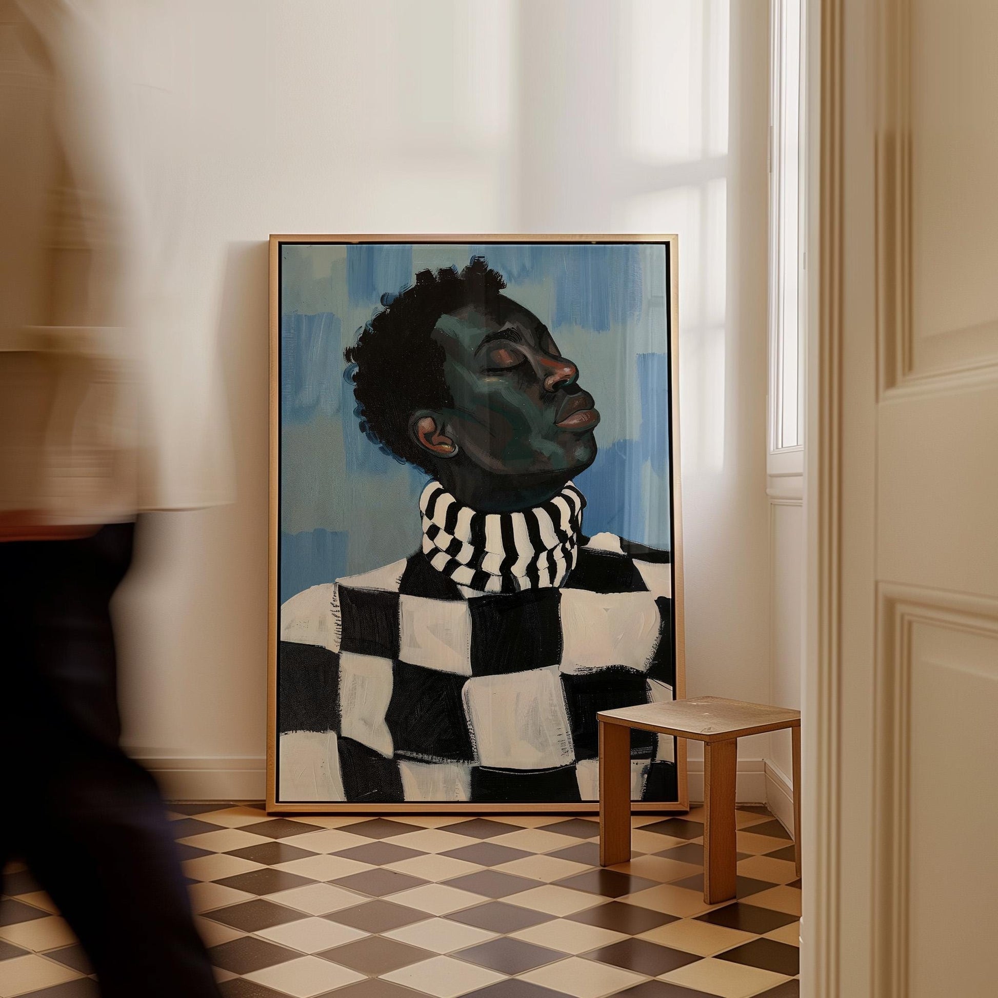 Figurative Canvas Wall Art Portrait of Man in Black and White Checkered Sweater with Blue Background