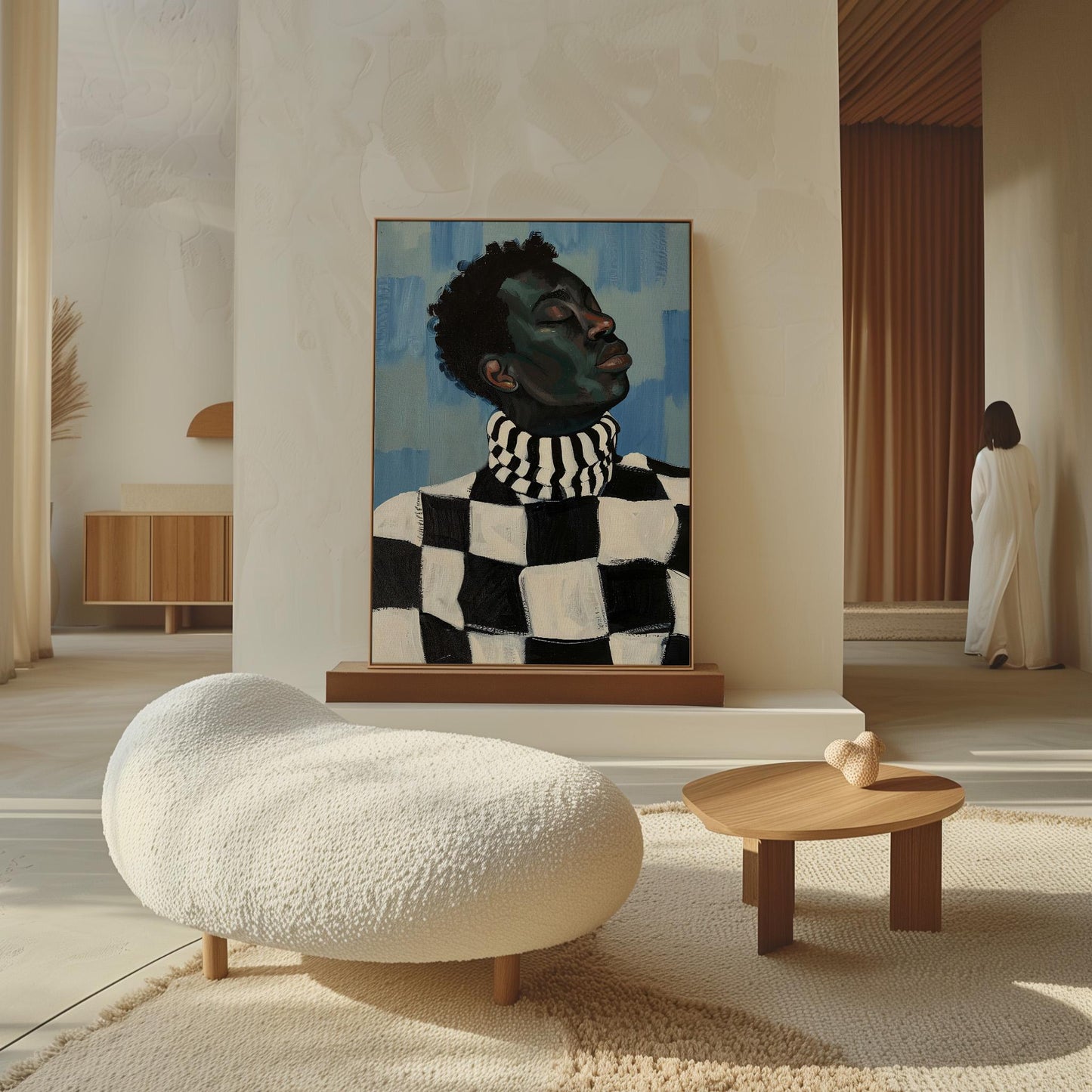 Figurative Canvas Wall Art Portrait of Man in Black and White Checkered Sweater with Blue Background