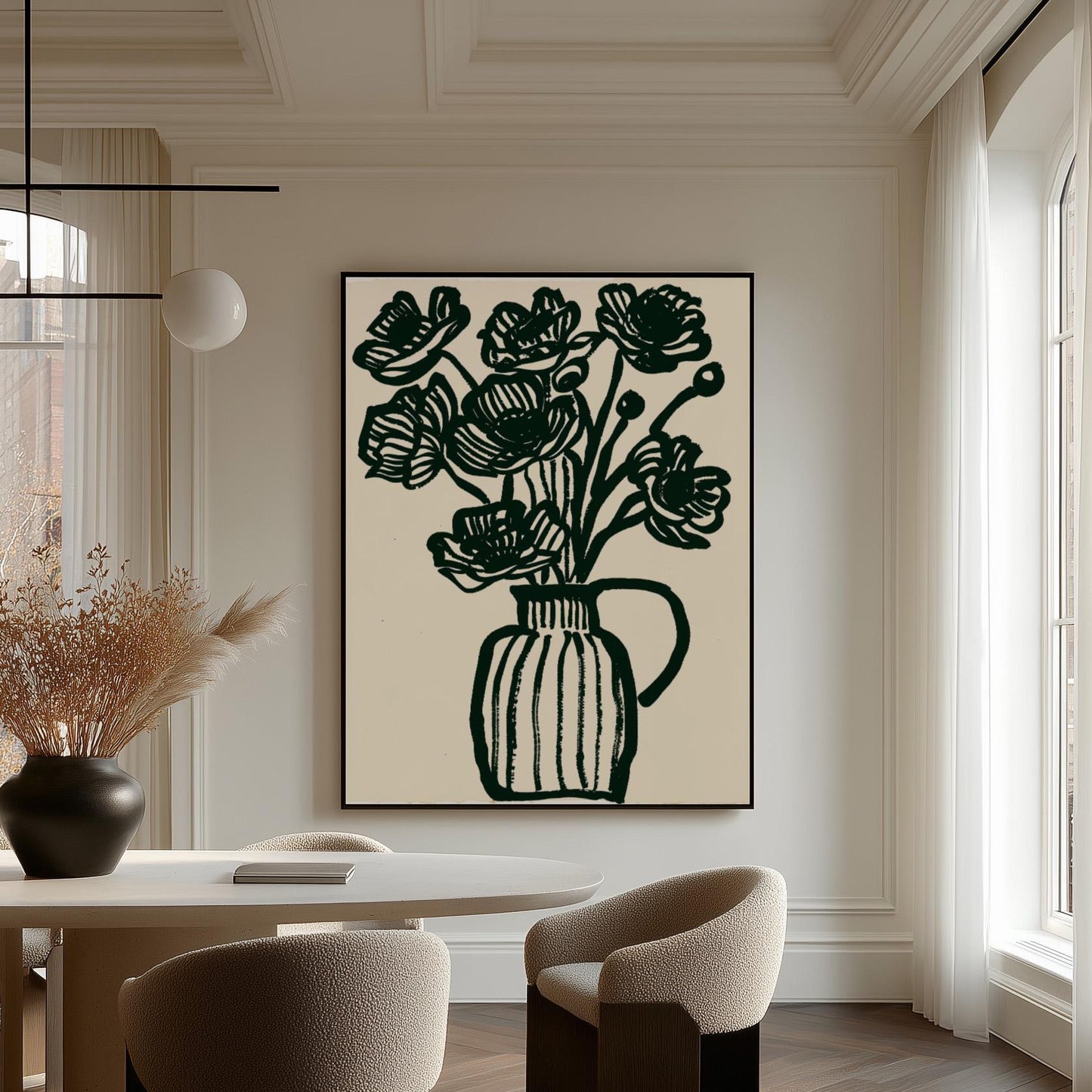 Floral Canvas Wall Art Black Line Drawing of Flowers in Vase on White Background Modern Framed Print