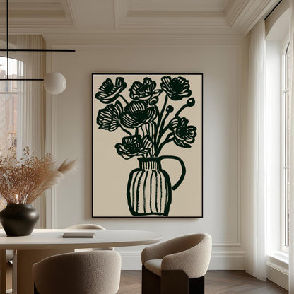 Floral Canvas Wall Art Black Line Drawing of Flowers in Vase on White Background Modern Framed Print
