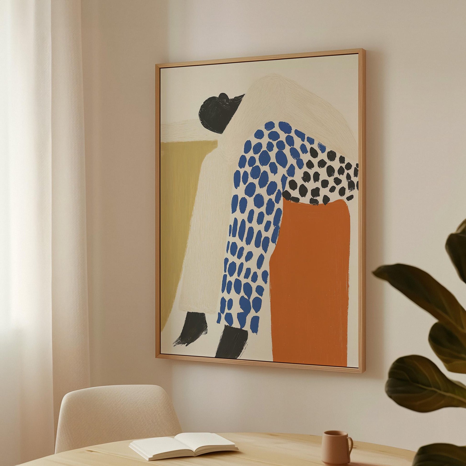 Figurative Canvas Wall Art Woman Resting in Blue and Black Patterned Outfit with Orange Accent Frame