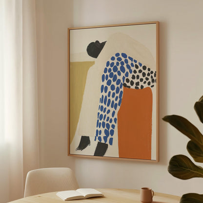 Figurative Canvas Wall Art Woman Resting in Blue and Black Patterned Outfit with Orange Accent Frame