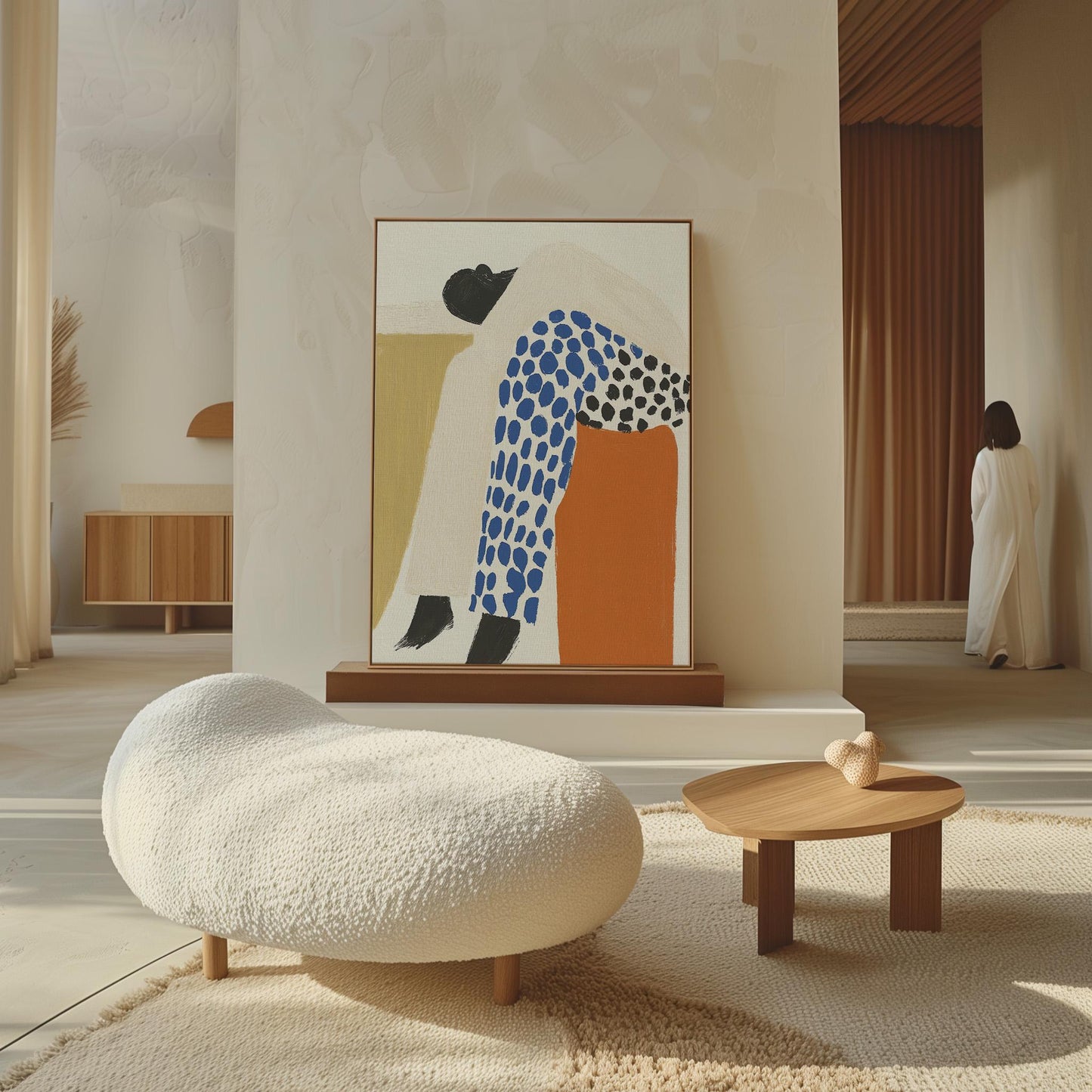 Figurative Canvas Wall Art Woman Resting in Blue and Black Patterned Outfit with Orange Accent Frame