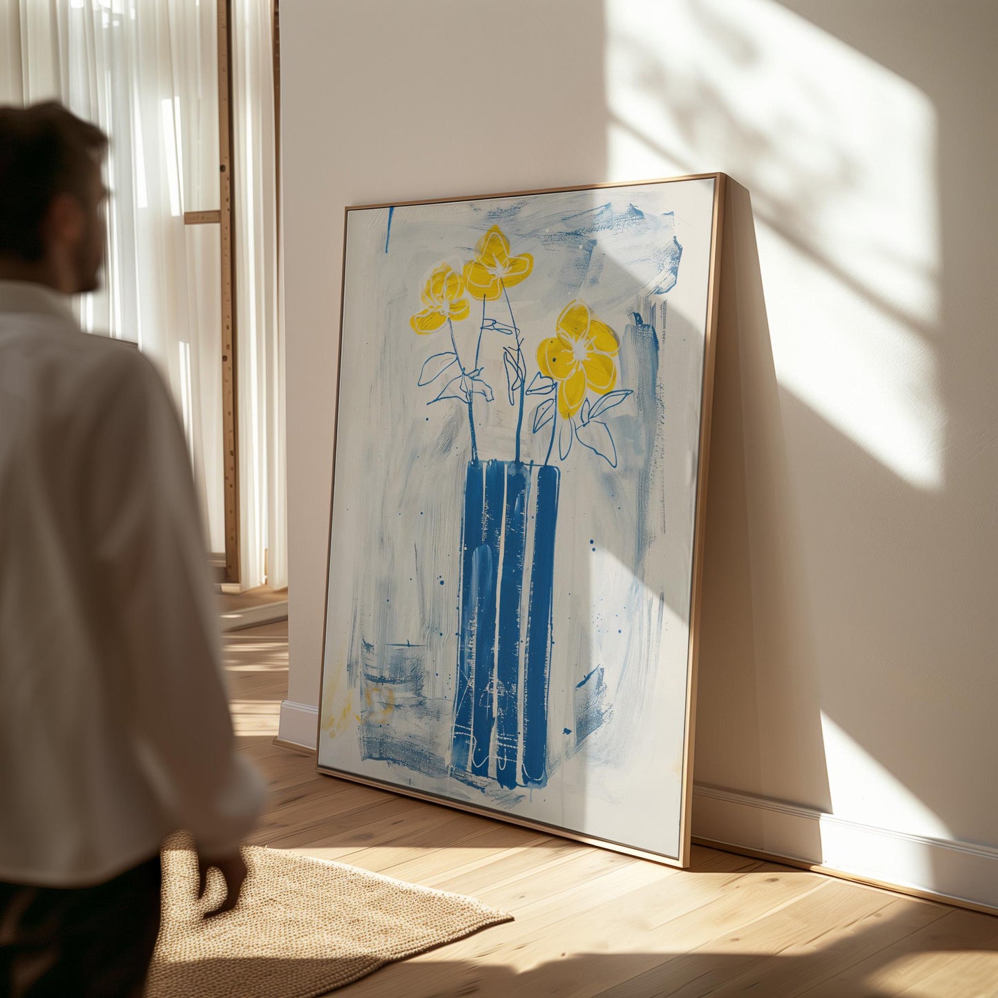 Floral Canvas Wall Art Yellow Flowers in Blue Vase on White and Blue Background Modern Framed Print