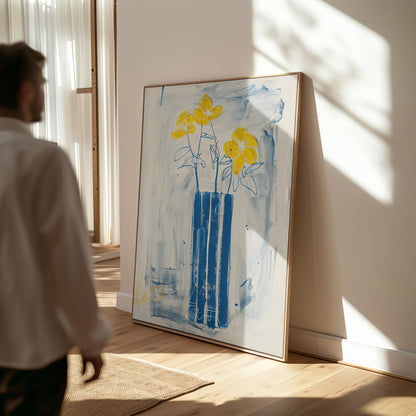 Floral Canvas Wall Art Yellow Flowers in Blue Vase on White and Blue Background Modern Framed Print