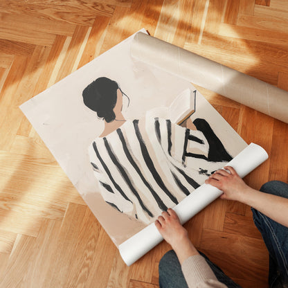 Figurative Canvas Wall Art Woman Reading Book in Black and White Striped Dress Neutral Background
