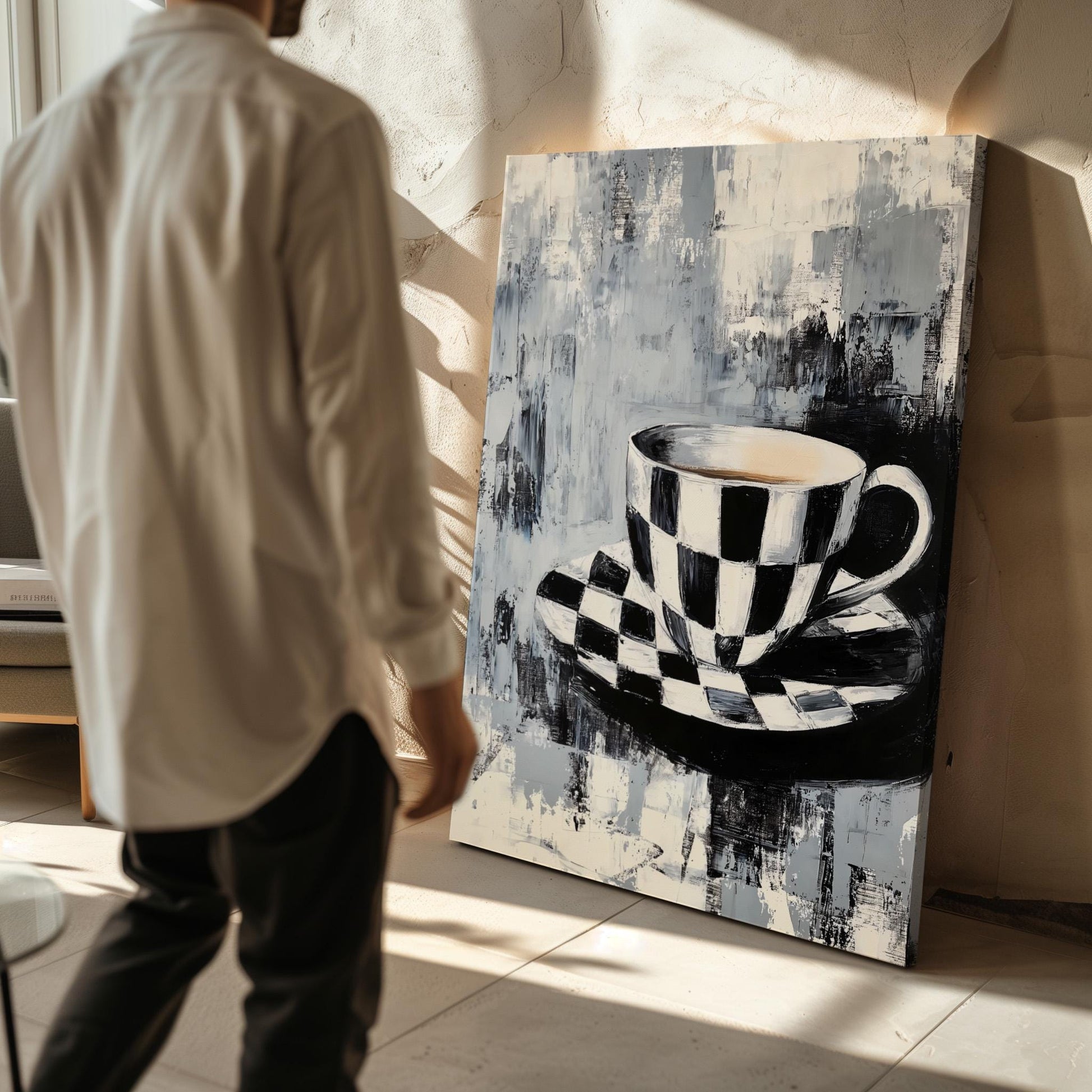 Kitchen Canvas Wall Art Black and White Checkered Coffee Cup and Saucer Modern Framed Painting