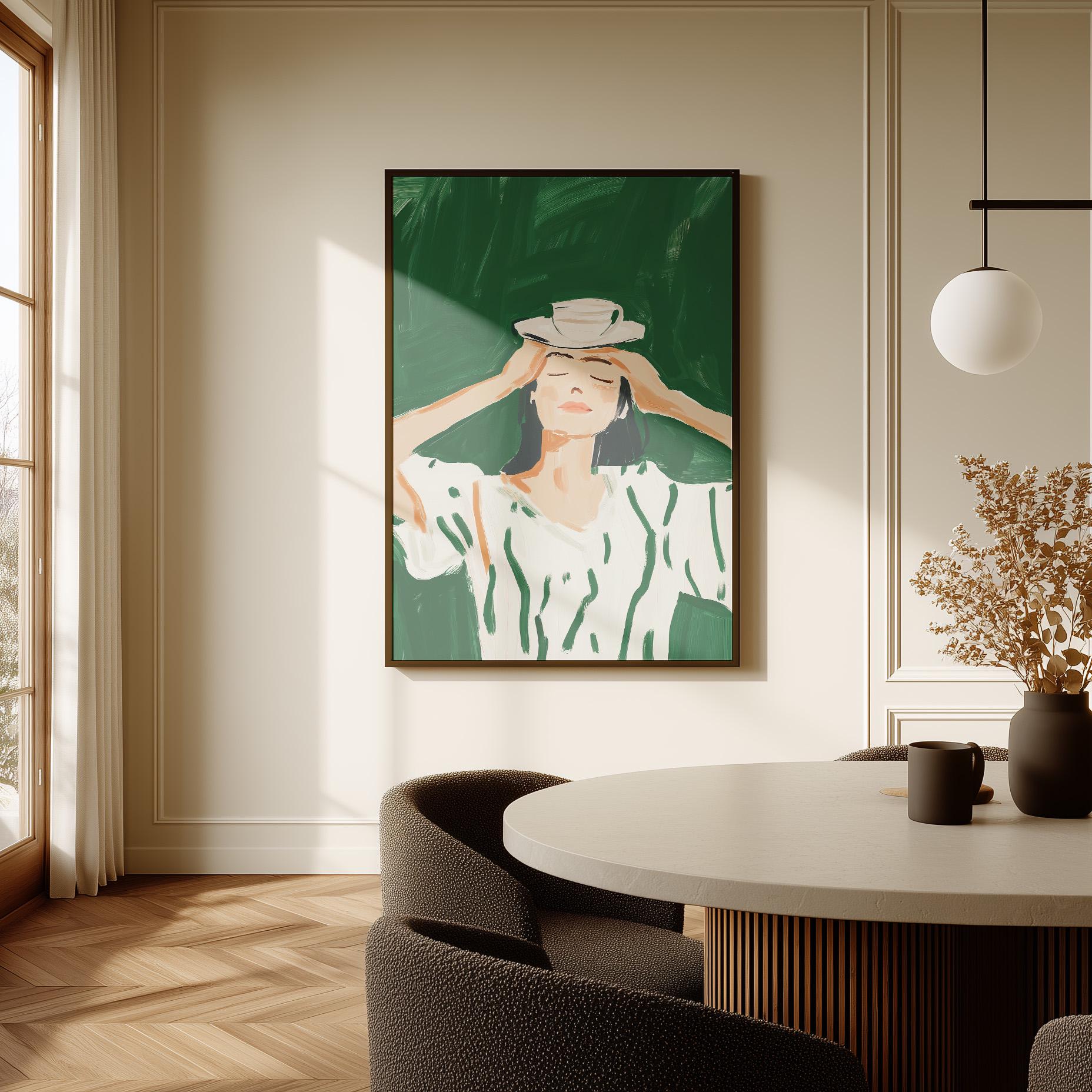Figurative Canvas Wall Art Woman Balancing Teacup on Head in White and Green Dress Framed Print