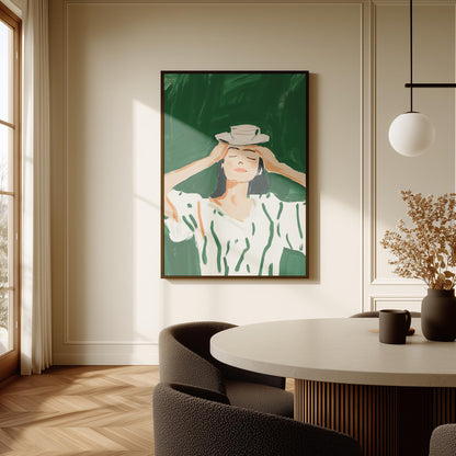 Figurative Canvas Wall Art Woman Balancing Teacup on Head in White and Green Dress Framed Print