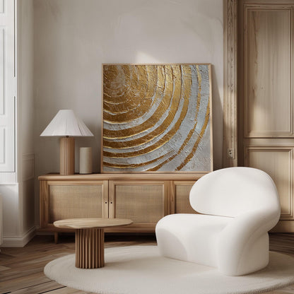 Gold and White Canvas Art:  Square Painting with Floating Frame