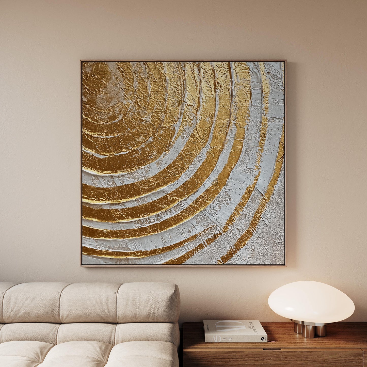 Gold and White Canvas Art:  Square Painting with Floating Frame