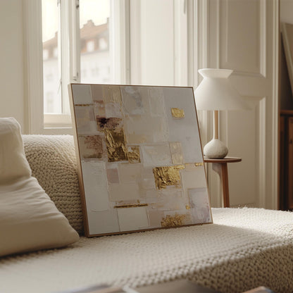 Gold and White Square Textured Canvas Wall Art with Floating Frame Modern Extra Large Painting