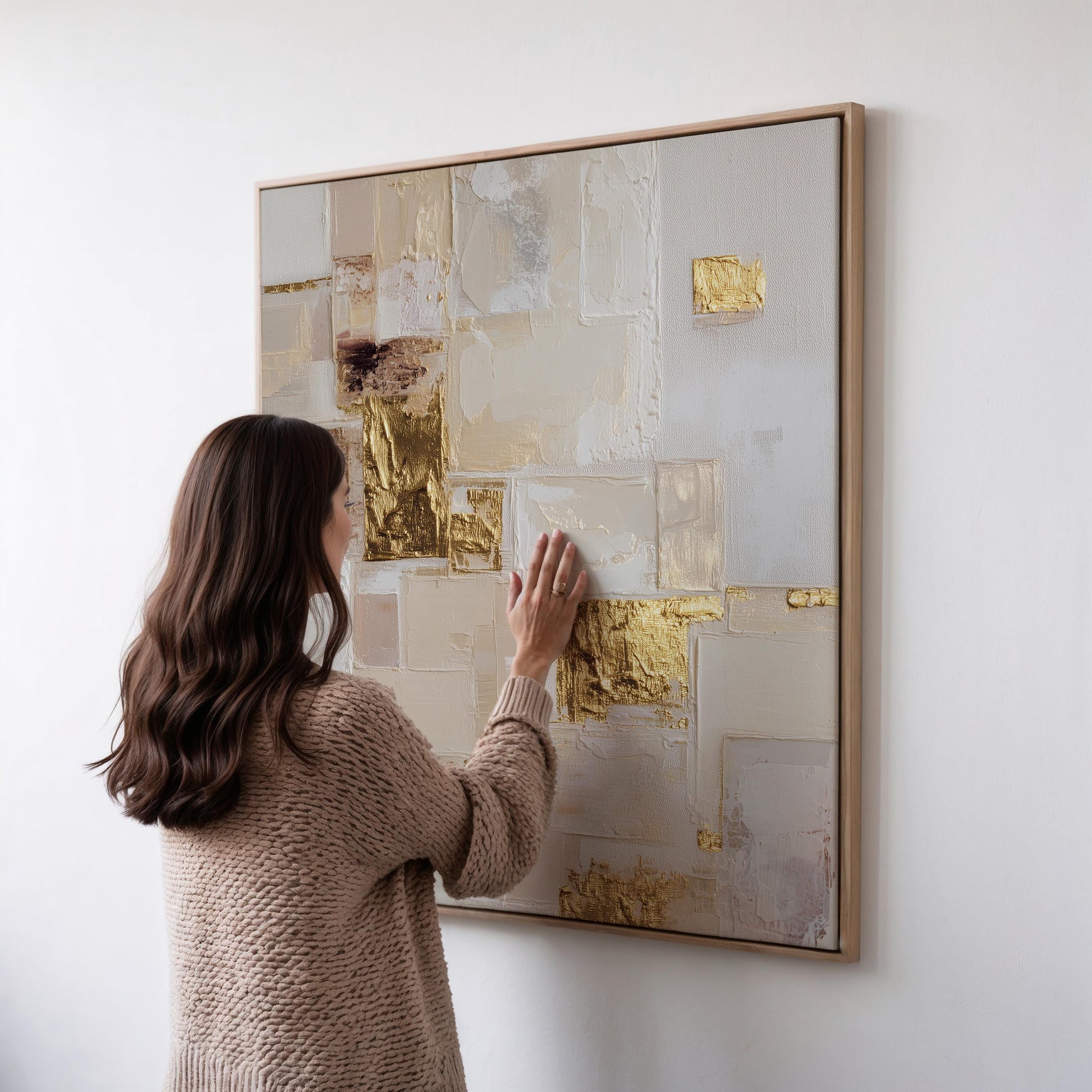 Gold and White Square Textured Canvas Wall Art with Floating Frame Modern Extra Large Painting