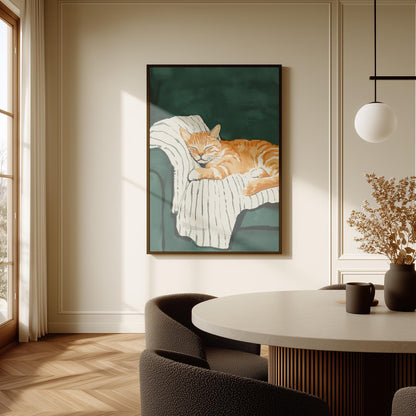 Orange Cat Canvas Wall Art Cozy Animal Print Sleeping Kitten Painting Large Modern Wall Decor for Bedroom or Living Room