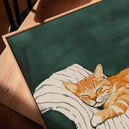 Orange Cat Canvas Wall Art Cozy Animal Print Sleeping Kitten Painting Large Modern Wall Decor for Bedroom or Living Room